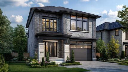 Obraz premium A modern suburban house with a clean gray brick facade, symmetrical windows, and a sleek front door.