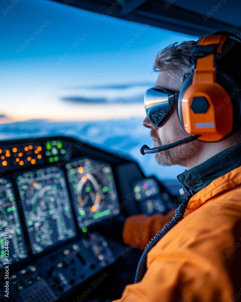 Poster Futuristic Aviation Command Advanced Glass Cockpit Display and Pilot in Hi-tech Air Traffic Operations - Streamlined Travel Solutions and Digital Navigation Efficiency