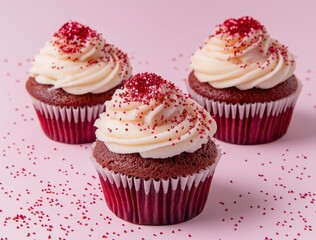 Tender cupcakes with red glitter hearts, isolated on a pastel pink background, a minimal concept studio design.