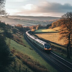 Modern train traversing scenic countryside.