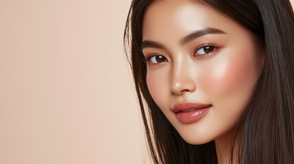 Fototapeta premium Under soft, natural lighting, a stunning Asian model presents her long straight hair and flawless complexion. The warm backdrop enhances her radiant look, emphasizing elegance and poise