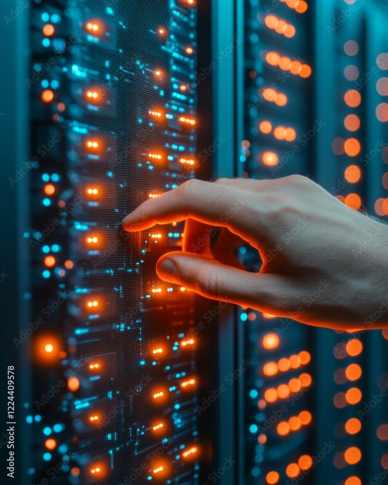 Poster Futuristic Tech Aesthetic Illuminated Circuit Board Panels in Advanced Server Room - Data Infrastructure for High-Performance Computing and IT Advancement