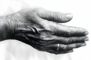 Fototapeta premium Elderly hand, open palm, wrinkles, ring, white background; stock photo for aging, care, and compassion