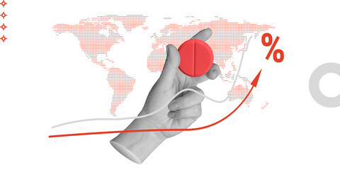 Pharmacology, profit from sales. Hand holding a red pill with rising arrows and a world map, highlighting the booming global sales of a groundbreaking medication Minimalist art collage.