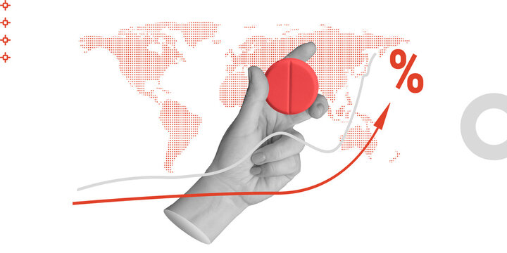 Pharmacology, profit from sales. Hand holding a red pill with rising arrows and a world map, highlighting the booming global sales of a groundbreaking medication Minimalist art collage. - Powered by Adobe