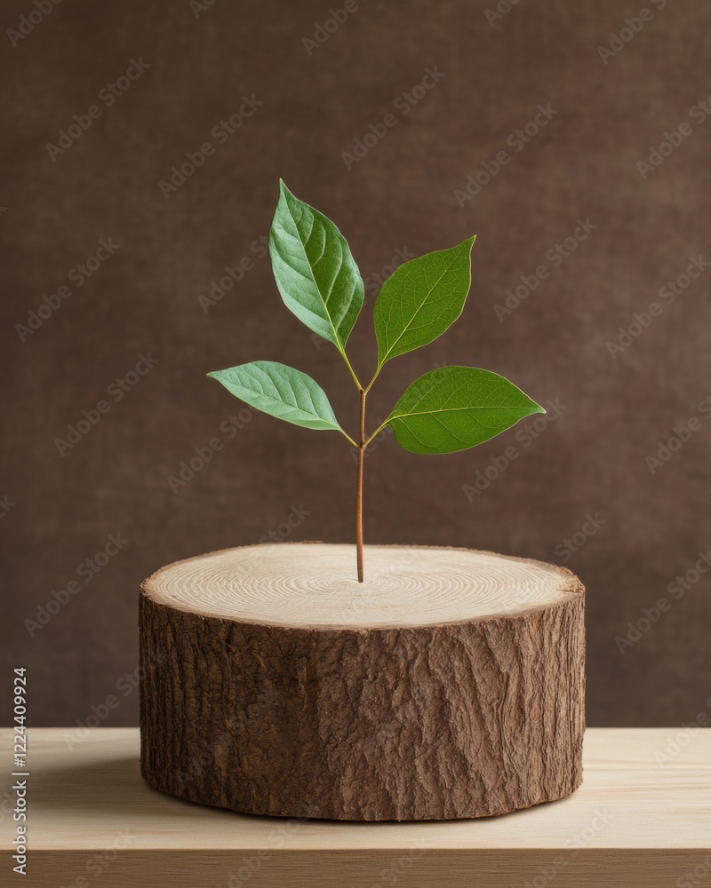 Poster biophilic decor highlight cross-section tree stump display with green sapling - sustainable design f