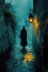 Obraz premium Female Tour Guide Leading Ghost Tour in Narrow Alley with Lantern