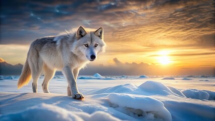 Fototapeta premium Arctic Wolf Hunting in Frozen Tundra Landscape - Dramatic Wildlife Photography