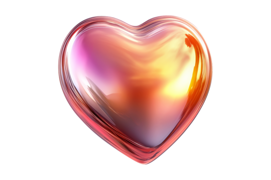 Glossy glass heart with a vibrant gradient of orange, pink and gold hues isolated on white transparent background, symbolizing love and emotion