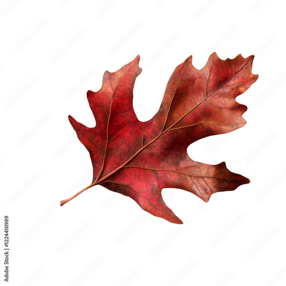 Poster a detailed close-up image of a single, dried red oak leaf isolated on a black background showcases i
