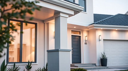 Fototapeta premium Modern House Exterior: Contemporary Home Design and Architecture. Luxury Real Estate Property with Stunning Facade, Grey and White Color Scheme, and Evening Lighting