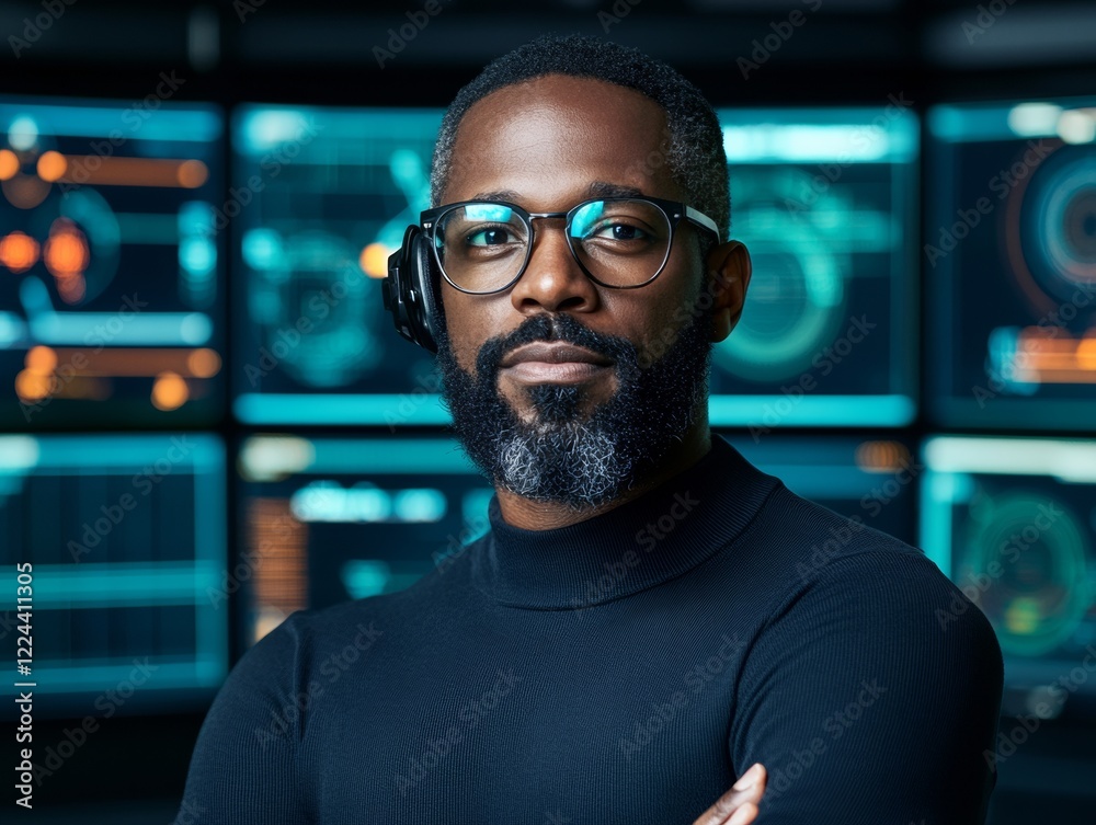 Poster futuristic control confident engineer at mission hq with real-time telemetry inspiring education and