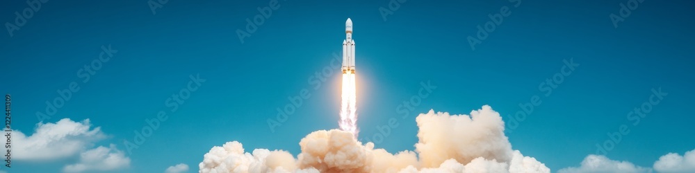 Poster futuristic spacecraft launch dynamic rocket ignition with smoky plumes on clear day - innovative aer