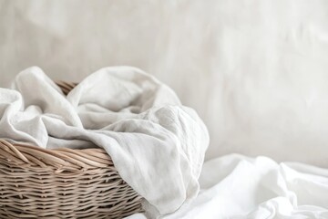 Obraz premium White fabric in a wicker basket on white fabric.