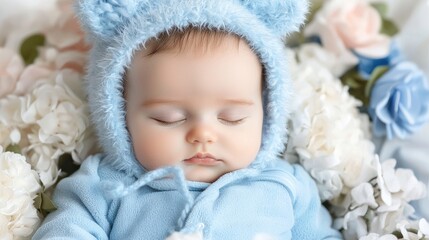 Baby sleeping peacefully in flowers; newborn photoshoot