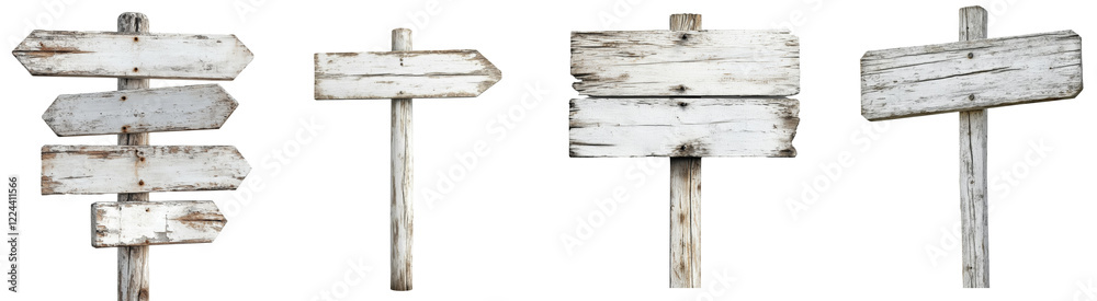 Aufkleber The image shows a collection of four weathered, whitewashed wooden signposts with various blank arrow and rectangular signs ideal for adding text.