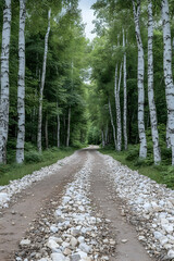 Fototapeta premium Gravel road through birch forest, summer day, peaceful landscape, nature background, ideal for travel brochures