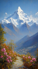 Himalayan peak view, autumn path, village below, scenic travel poster