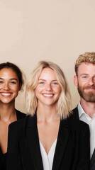 Fototapeta premium Modern Team Synergy Diverse Smiling Executives in Formal Attire on Neutral Backdrop - Corporate Identity and Inclusive Leadership Imagery for Business Innovation Marketing
