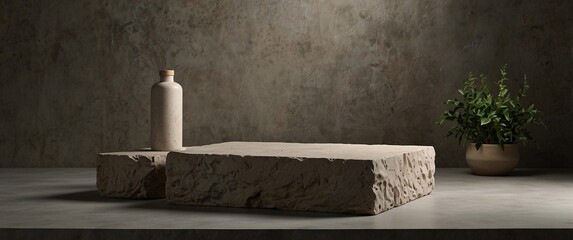 Minimalist Stone Platform: A rustic yet elegant stone platform provides a minimalist backdrop for showcasing products or branding, illuminated by a soft, diffused light.