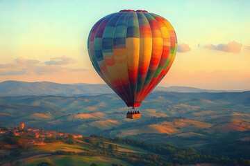 Hot air balloon flight over Tuscan hills at sunset, idyllic landscape background; travel adventure