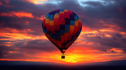 Fototapeta premium Hot air balloon sunset flight over city. Travel, adventure, freedom, scenic, landscape