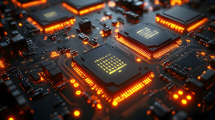 Obraz premium Illuminated microchips on circuit board, technological advancement, glowing components, background dark, for tech websites