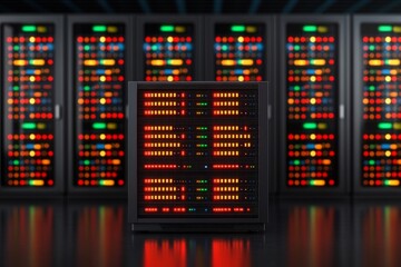 A futuristic data center filled with glowing server racks, equipped with colorful lights, showcasing advanced technology and storage capabilities.