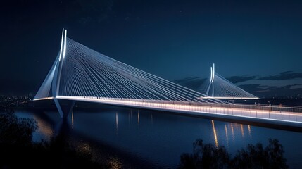 Fototapeta premium Modern Cable-Stayed Bridge with Illuminated Skyline at Night