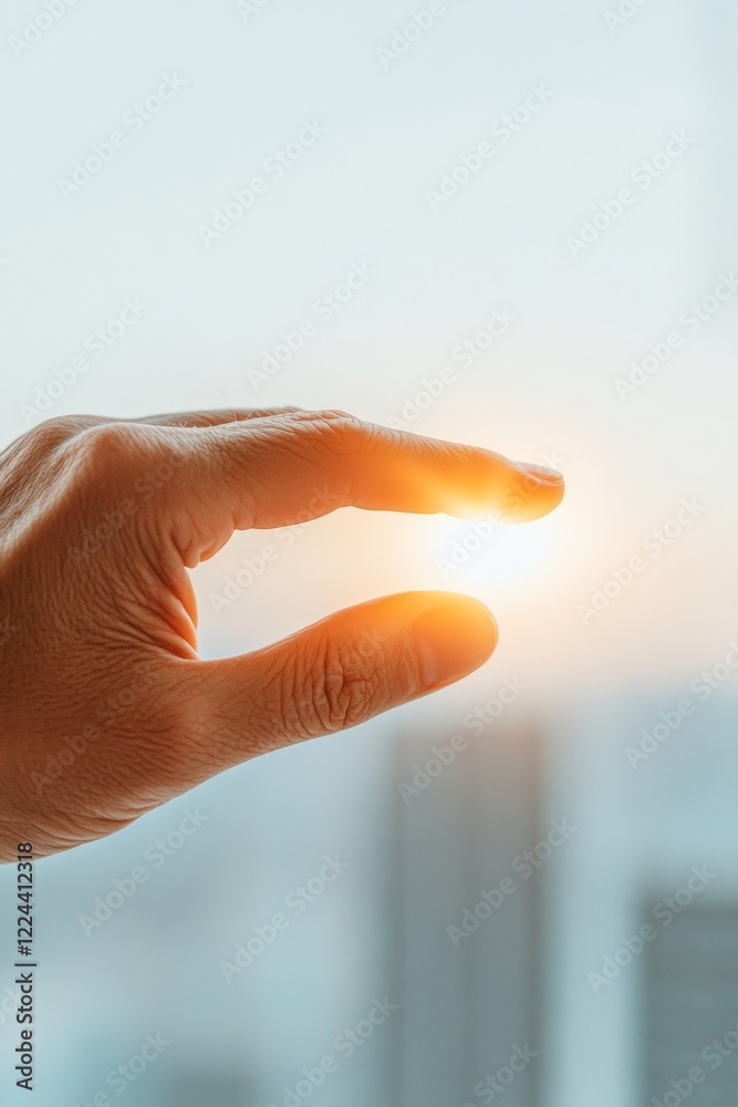 Poster Minimalist Tech Aesthetic Close-up of Hand Gesturing on Glowing Surface in Futuristic Cyber Environment - Enhanced Security for Fintech and Digital Identity Verification