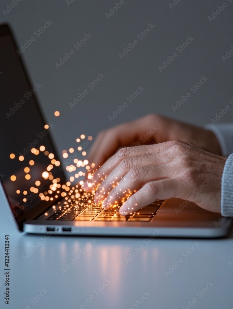 Fototapete Futuristic Digital Network Interface Hands Typing on Metallic Laptop with Cybersecurity Graphics - Enhancing Secure Remote Access for Modern Tech Industries