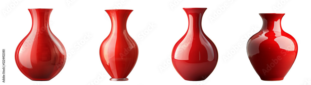 Aufkleber a collection of four red, glossy vases showcases diverse shapes and sizes in an elegant arrangement.