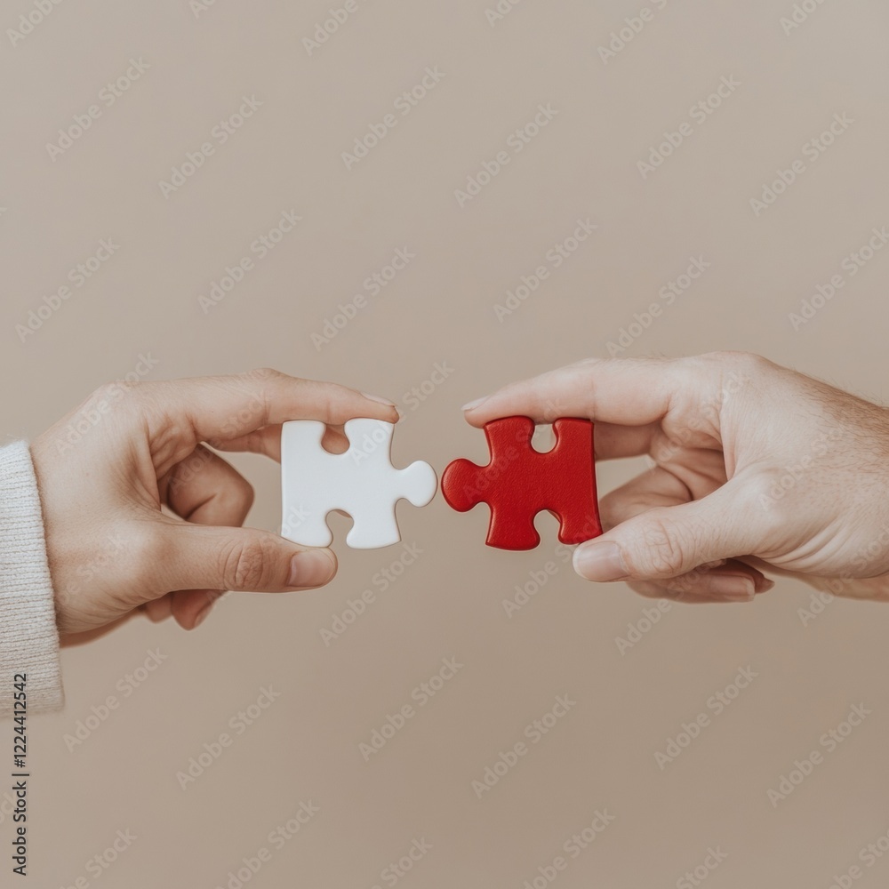 Poster minimalist puzzle collaboration hands with two vibrant pieces on neutral backdrop - visual asset for