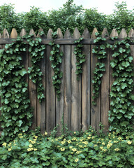 Naklejka premium Ivy-covered wooden fence, garden background, peaceful scene, nature backdrop for website design