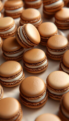 Obraz premium Light brown macarons falling on a white surface, close-up food photography for baking blogs