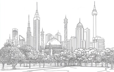 City skyline illustration featuring modern skyscrapers and lush greenery in a serene park setting