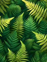 Lush green ferns, vibrant foliage background, tropical rainforest setting, nature wallpaper