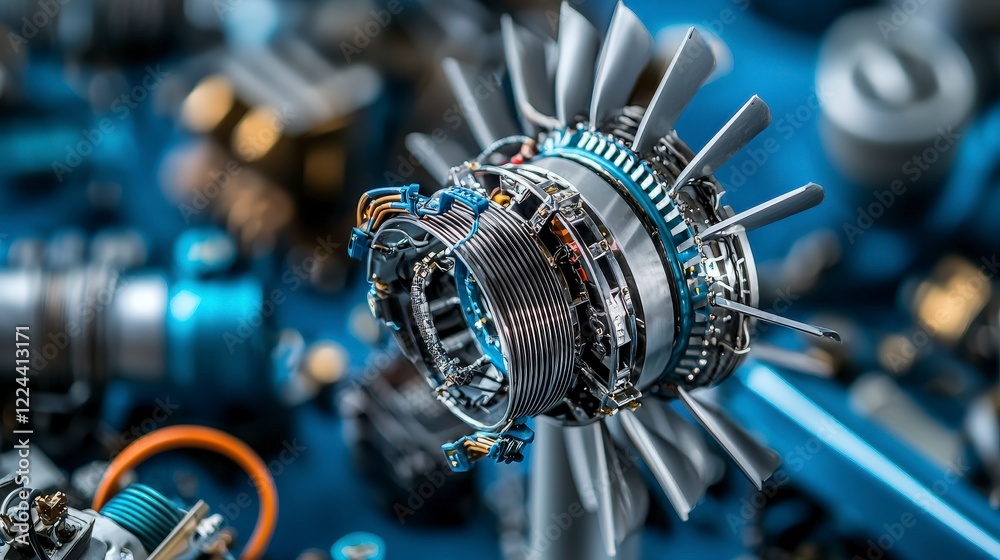 Poster Dynamic technology workshop showcasing mechanical art in an industrial engine component environment