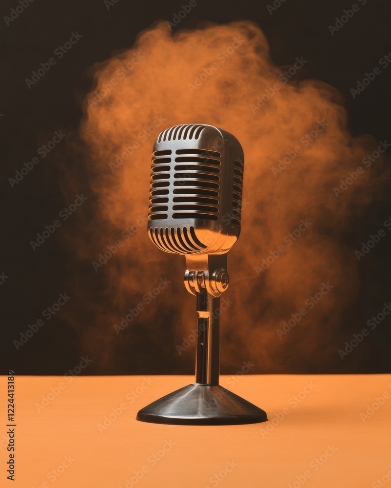Poster retro microphone display vintage metal mic with vivid orange fog - dynamic event marketing and live 