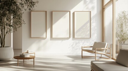 Fototapeta premium Elegant minimalist gallery mockup featuring three empty frames in a sunlit room with natural decor