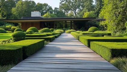 Obraz premium Modern house pathway with manicured hedges.