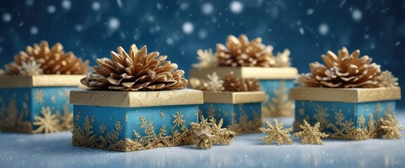 Icy blue background with gold-wrapped pine cone boxes adorned with shimmering snowflakes and frosty details, decorative, blue, festive