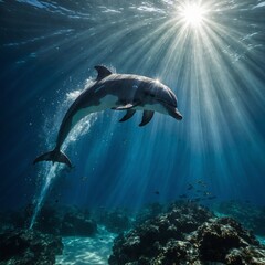 Fototapeta premium Dolphins racing through glowing silver waves under a canopy of stars.