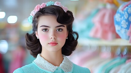 Fototapeta premium Pretty Young Woman with Vintage Hairstyle and Floral Headpiece