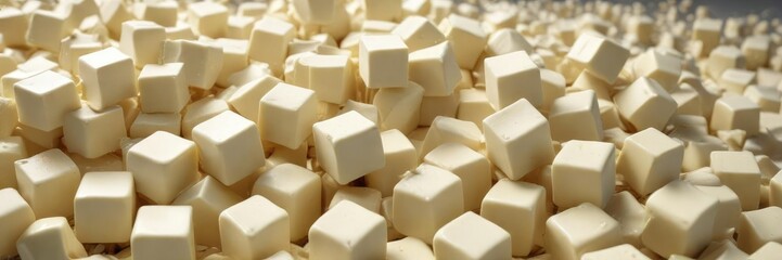 Fototapeta premium Heap of white chocolate cubes gracefully falling with copy space, richness, kitchen table