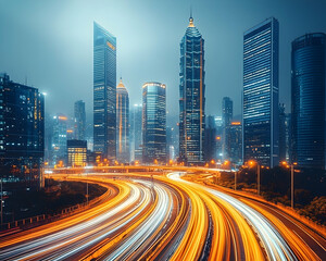 Fototapeta premium Night cityscape, highway light trails, urban development, futuristic background; ideal for technology, travel, or city life