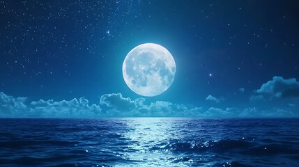 Full moon glowing over dark ocean waves with dramatic night clouds in mystical blue moonlit seascape