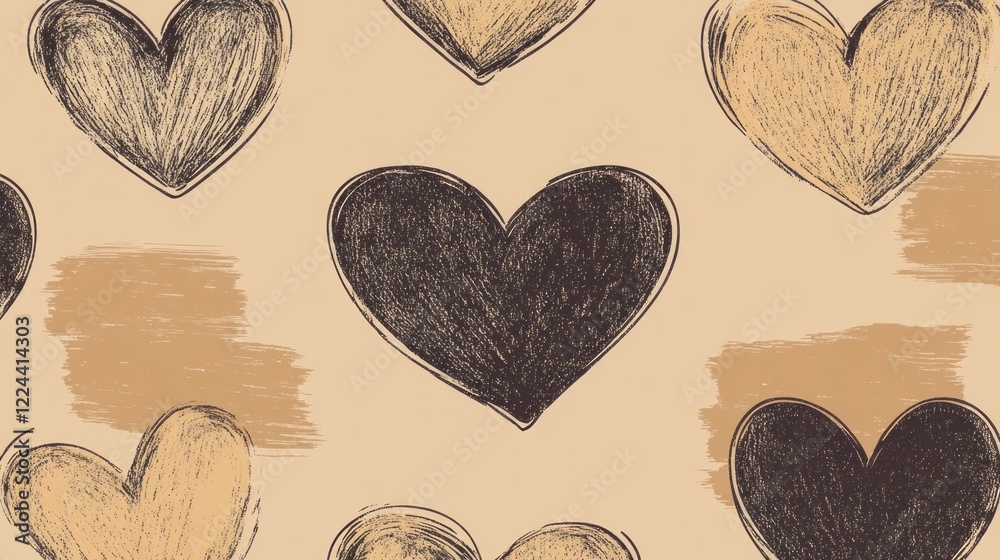 Poster a delightful arrangement of hand-drawn hearts in soft neutral colors creates a charming seamless pat