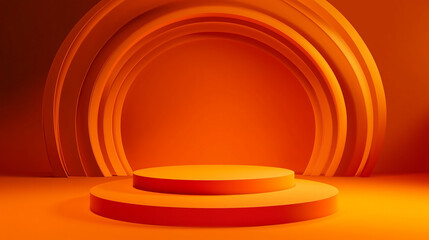 Orange podium display with orange semi circle arch background creates elegant and warm impression