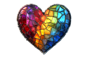 Glass mosaic heart in vibrant rainbow hues isolated on white transparent background. Concept of love and Valentine Day